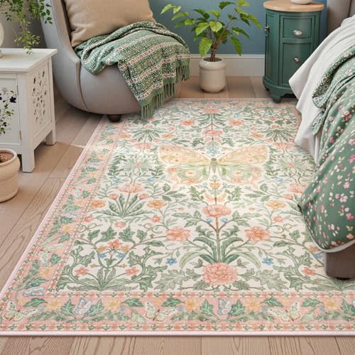 Collive Pink 5x7 Butterfly Area Rug, Vintage Floral Rug for Girls Bedroom Washable Non Slip, Soft Ultra Thin Boho Insect Carpet for Living Room Nursery Kids Room Playroom