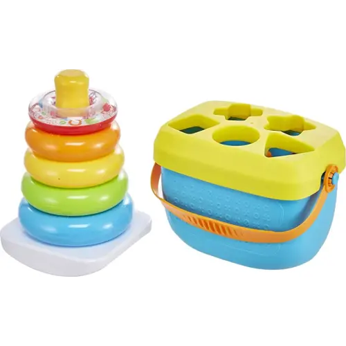 Fisher-Price Infant Gift Set with Baby’s First Blocks (10 Shapes) and Rock-a-Stack Ring Stacking Toy for Ages 6+ Months