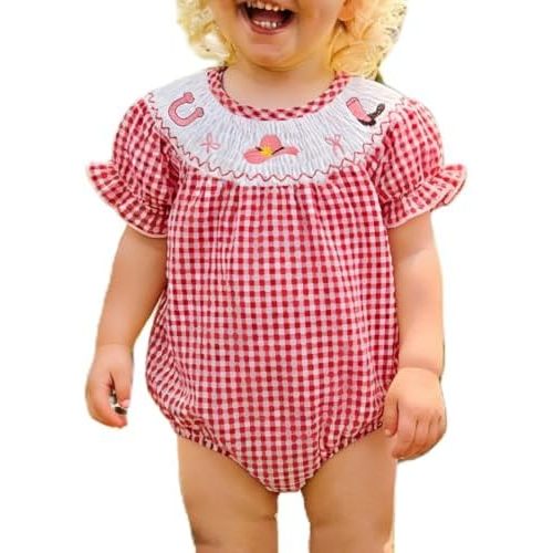 Cute Smocked Bubble Romper Western Baby Girl Clothes Gingham Embroidery Rompers Baby Girl Rodeo Outfit