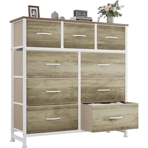 OLIXIS 9 Drawer Storage Dresser with Wood Top - Wide Fabric Chest Organizer for Bedroom, Closet, Living Room,Tower Cabinet, TV Stand, Hallway Entryway Furniture,Oak Greige