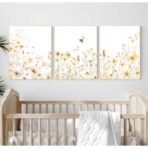 Bee & Yellow Wildflower Print Set: Neutral Botanical Nursery Art