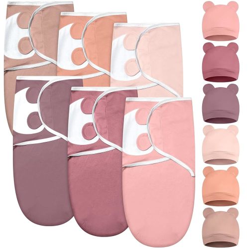 Ramede 6 Pack Baby Swaddle Blanket with Hats Sleep Swaddle for 0-3 Months Newborn Sacks Soft Cotton Wearable for Boy Girl