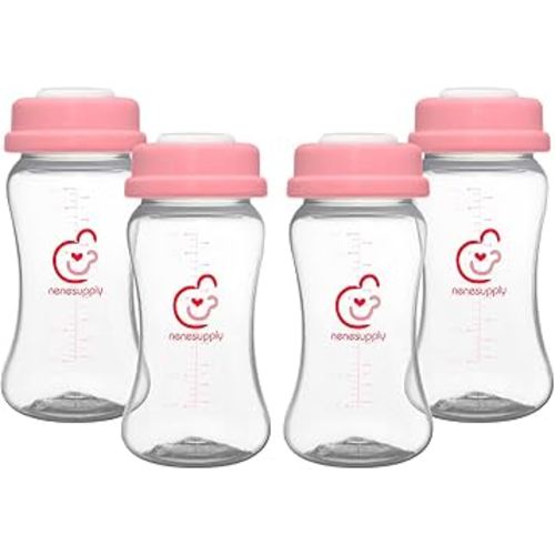 NENESUPPLY Breastmilk Storage Bottles Collection for Spectra S1 S2 Motif Luna Breast Pumps 4 pc 9oz 280ml with Collar and Sealing Disc. Replace Spectra Bottles for Pumping Wide-Mouth