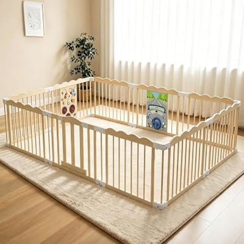 Wooden Baby Playpen with Toy 69x103In Foldable Toddler Fence with Safe Lock