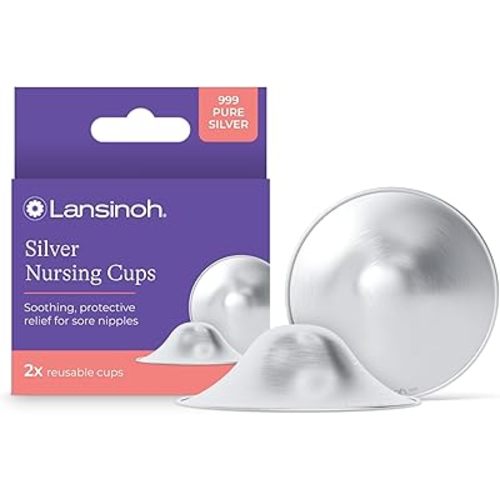 Lansinoh Silver Nursing Cups | 999 Pure Silver Reusable Nipple Shields for Breastfeeding | Worn Between Feeds for Soothing Protection of Sore Nipples, Regular Size