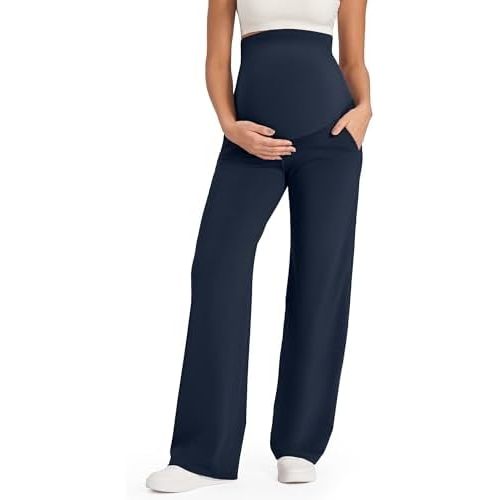 G4Free Maternity Pants Over The Belly Yoga Dress Work Pregnancy Pants Stretchy Lounge Wide Leg Trousers with Pockets