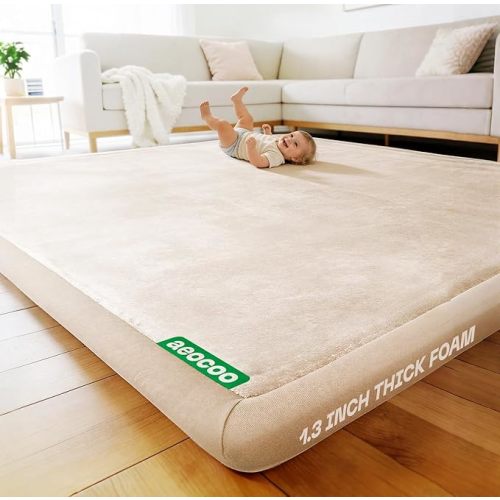 AEOCOO Baby Play Mat for Floor Cushion, 1.3" Thick Memory Foam Nursery Rug, Soft Velvet Non slip, Toddlers Baby Tummy Time Mat for Crawling, 50x50 Playpen, Living Room, Tatami Style, Beige