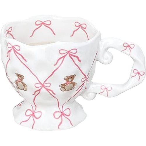 Cute Coffee Mug with Pink Bow Bear, Handmade Kawaii 14 oz Ceramic Mug for Tea Milk Latte Cocoa Funky Novelty Porcelain Cup Birthday Mothers Day Gifts for Women, Valentines Day Gifts for Her