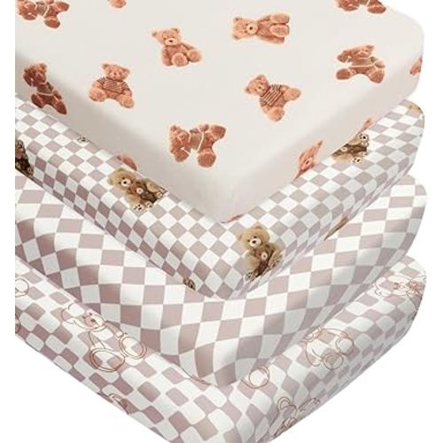 Fitted Baby Neutral Crib Sheets Bear and Buffalo Check Plaid Breathable Unisex Baby Standard Crib Sheet Set for Boys or Girls