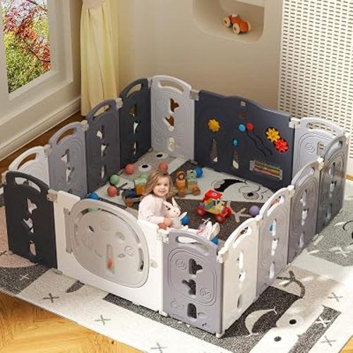Baby Playpen, Foldable & Portable Play Yard for Babies and Toddlers, Easy Assemble 14 Panel Kids Fence Safety Activity Play Center with Lock, Home Indoor Outdoor, Gray White