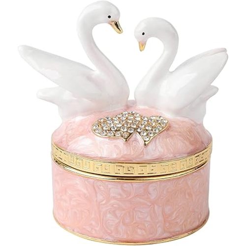Swan Trinket Box Hinged Crystal Enameled Ornament Decorative Jewelry Ring Store Box Hand-Painted Craft Gifts for Home Decor (Pink)