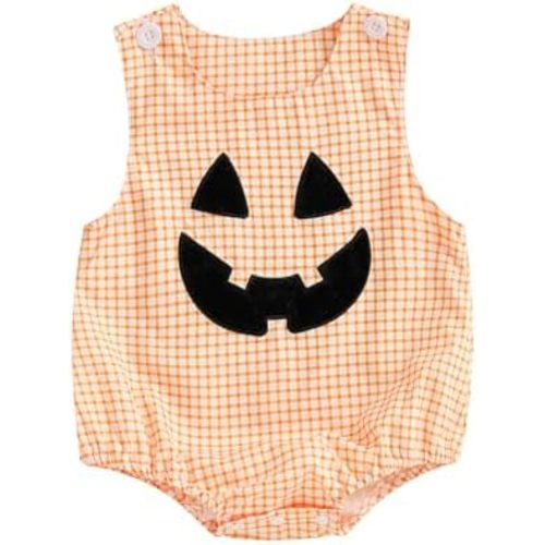 Sasaerucure Infant Baby Boy Halloween Outfits Pumpkin Onesie One Piece Newborn Sleeveless Smocked Bubble Romper