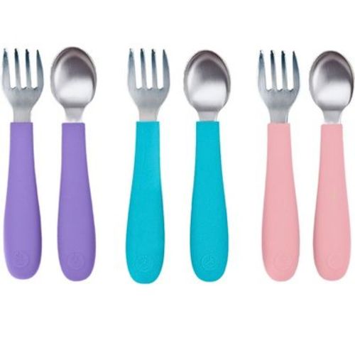 WeeSprout Toddler Utensils, 3 Forks & 3 Spoons, 18/8 Stainless Steel & Food Grade Silicone - Bright Purple, Pink, Blue