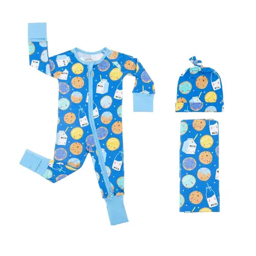 Little Sleepies Newborn Sleepy Time Bundle, Includes Newborn Swaddle + Hat Set and 2-Way Zipper Pajamas, Viscose Derived from Bamboo, Blue Milk and Cookies, Newborn