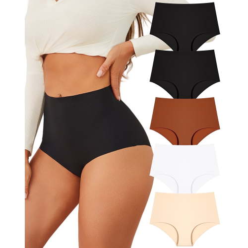Finetoo High Waisted Seamless Underwear for Women Tummy Control Bikini Cheeky No Show Breathable Briefs Ladies Panties 5 Pack M
