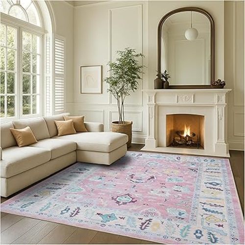 Fame Rugs Pink Modern Oushak Rug 6x9, Vintage Turkish Colorful Oriental Antique Inspired Washable Large Area Rugs, Luxury Living Room Bedroom (385PB, 5'9 x 8'9)