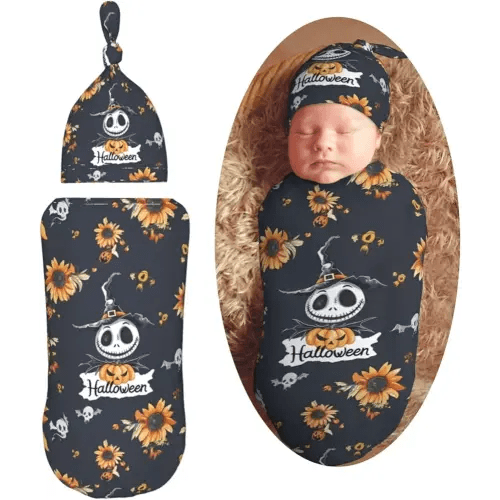 Halloween Pattern in Black Skulls Newborn Swaddle Blanket with Beanie Set Soft Baby Sleep Sack Stretch Adjustable Swaddle Wraps Receiving Blankets