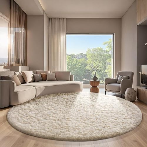 Ophanie Round Rugs 7Ft Ivory Circle Area Rug, Aesthetic Room Decor, Fluffy Fuzzy Bedroom Carpet, Plush Soft Shaggy Cream Living Room Rugs for Kids Home Decor, Nursery