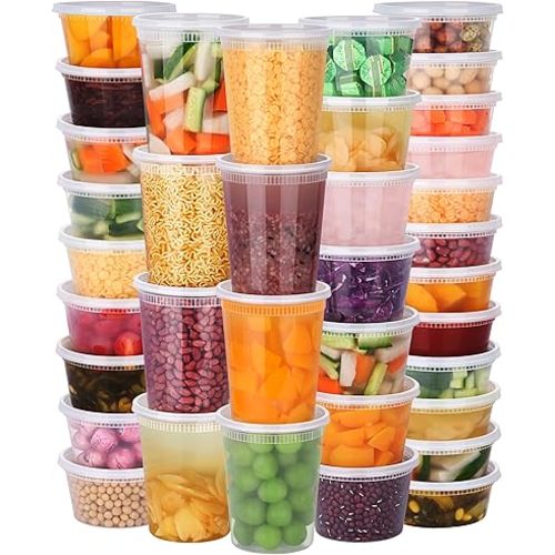 NESCCI 96 Pack (192-Piece) Deli Containers with Lids, 32/16/12/8 oz X 24 Set Each, Leak-Proof & BPA Free Airtight Takeout Plastic Food Storage Containers for Soup, Meal Prep, Microwave/Freezer Safe