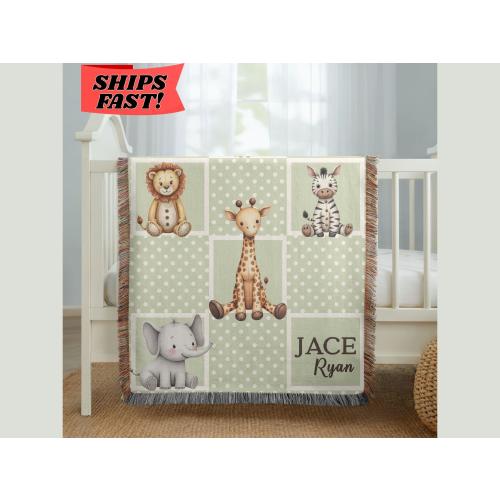 Personalized Safari Baby Blanket Cotton Woven Throw, Custom Name Safari Nursery Decor, Baby Shower Gift, Jungle Animal Newborn Keepsake