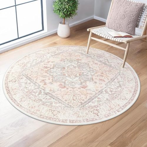 LIVEBOX Large Vintage Area Rug 6x9 - Washable Retro Tribal Pink Rug for Living Room, Soft Boho Anti-Skid Carpet Low-Pile Stain Resistant Floral Rugs for Girl Room Office