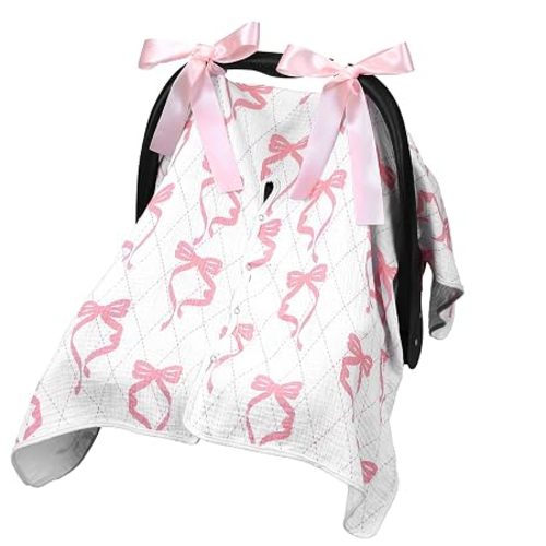Tegeme Pink Bow Muslin Baby Car Seat Cover, 40" x 35"