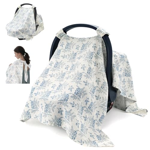 SERAPHY 2-in-1 Muslin Baby Car Seat Cover & Nursing Cover, Soft Lightweight Breastfeeding Cover for Boys and Girls,Breathable Canopy for Infant Carseat & Stroller for Summer—Blueberrie