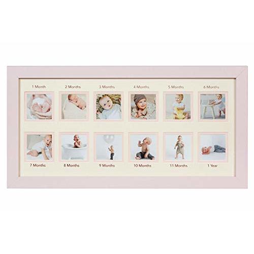 WOOD SIDE ORBIS First Year Newborn Baby Collage Keepsake Picture Frame for Photo Memories with Double Beige Mat and Twelve 2.5x2.5 Slots - Pink