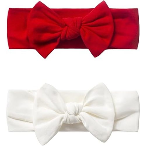 Baby Girl Headbands-Infant,Toddler Cotton Handmade Hairbands with Bows Child Hair Accessories (2, Red-Soft White, 3-36 Month)
