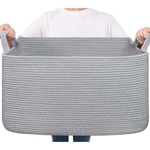 Goodpick Large Toy Basket for Blankets, Baby Laundry Basket, Storage Baskets for Organizing, Laundry Hamper for Dirty Clothes, Towel, Woven Rope Storage Baskets, 21.6" x 14.9" x 11.8", Gray