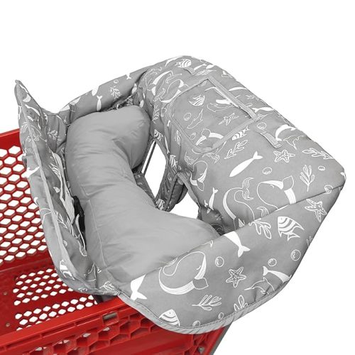 Love&go Soft Pillow Attached 2-in-1 Shopping Cart and High Chair Cover for Baby, Cotton Padded Cart Cover, Fold'n Roll Style, Portable with Carry Bag (Gray Seaworld)