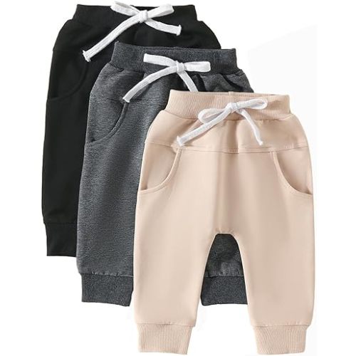 Toddler Baby Boy Fall Pants 3 Pack Active Jogger Casual Athletic Trousers Solid Color Pocket Elastic Waist Harem Bottoms