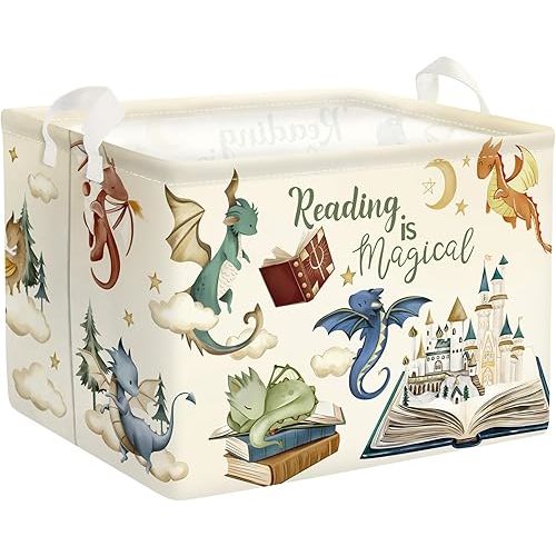 Dinosaur Laundry Hamper Large Storage Basket Cartoon Dino Collapsible Parents Organizer Kids Toy Clothes Bins for Bedroom, Bathroom, Magic Books, 36L