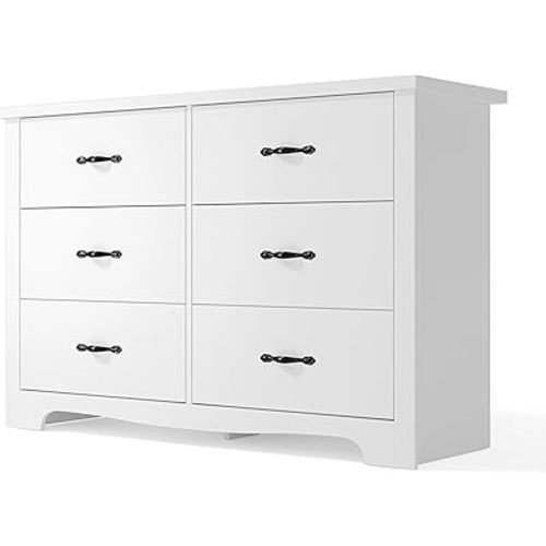 LINSY HOME 6 Drawer Double Dresser, White Dresser for Bedroom, Dresser Organizer, Chest of Drawers for Bedroom with 6 Drawers with SGS Certification