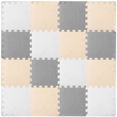 Prosource Kids Solid Floor Play Mat 3/8-in, 16 Sq Ft - 16 Tiles, White/Grey/Beige