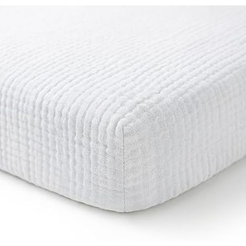 Muslin Pack and Play Sheet, 100% Cotton Playard Sheet (42"x24"), Breathable & Soft Mattress Pad Cover, Boho White for Boys Girls(1 Pack)