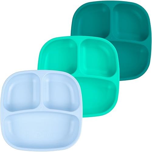 Re-Play Divided Toddler Plates Set - Deep Walled 3-Compartment Kids Plates, Durable & Reusable, Dishwasher & Microwave Safe, BPA Free, Made in USA from Recycled Plastic, Set of 3, Sea Glass