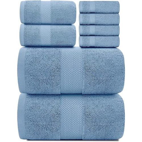 White Classic Luxury Bath Towel Set of 8 Pieces - 100% Turkish Cotton Highly Absorbent Towels for Bathroom, 2 Luxury Bath Towels 700GSM, 2 Hand Towels, 4 Washcloths, Light Blue