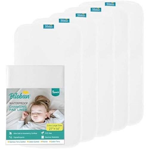 Biloban Changing Pad Liners 100% Waterproof (5 Count), Machine Washable & Dryer and Super Soft, Extra Large 28" X 15" Flannel Baby Diaper Changing Pad Liner, White