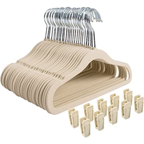 Finnhomy Non-Slip Clothes Hanger for Baby and Kids 30-Pack Velvet Hangers with 10 Finger Clips,Beige