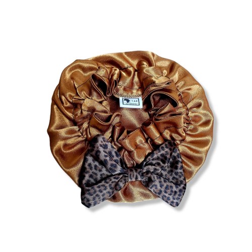 Gold Satin Baby Bonnet: Leopard Bow, Toddler Sleep Cap