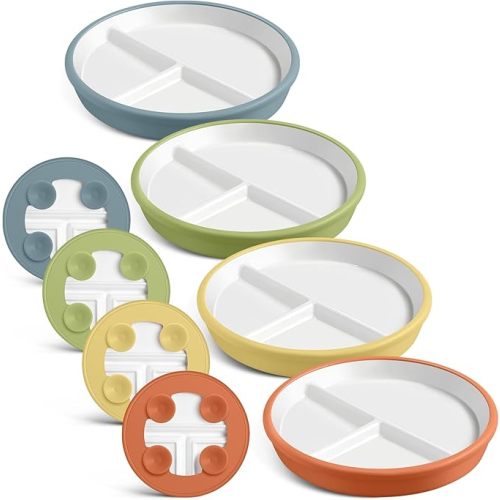 Domensi 4 Pcs 8" Large Porcelain Kids Plates with Anti-slip Silicone Sleeve Ceramic Divided Plate with Suction for Toddler Eating Microwave Dishwasher Friendly (Light Yellow,Light Green,Orange,Blue)