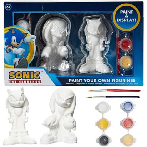 Innovative Designs Sonic The Hedgehog Paint Your Own Figurines Craft Kit, Ceramic Painting Set for Kids, Sonic and Knuckles Arts and Crafts with 2 Figures, 2 Brushes, 6 Paints