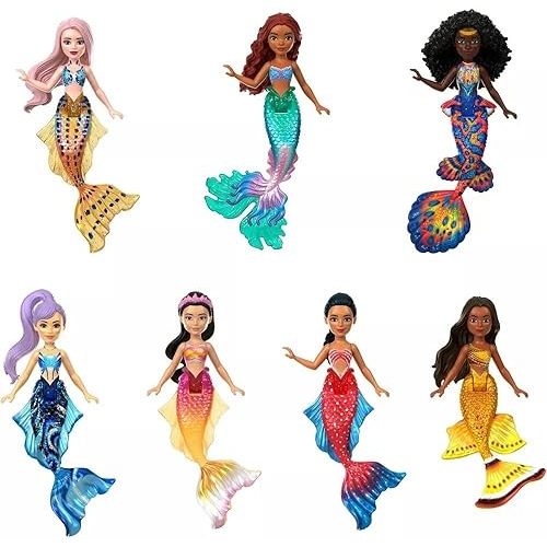 Mattel Disney Princess Toys, The Little Mermaid Ariel & Sisters Small Doll Set, Collection of 7 Mermaid Dolls, Inspired by the Movie