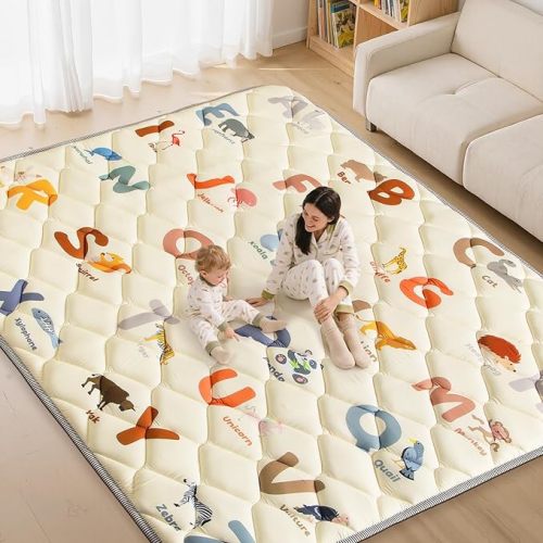Baby Play Mats for Floor - 65”x50” Playmat for Babies - Foldable Soft Foam Mat for Toddlers - Machine Washable & Non-Slip Thick Play Mat for Picnic Portable - Animals Alphabet Design