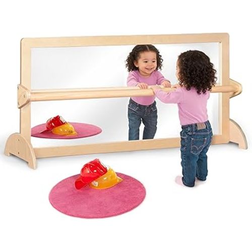 3-Position Montessori Wood Frame Non-Shatter Safety Pull Up Bar Baby Big Mirror Set, Infant Coordination Mirror, Kids Classroom Furniture for Daycare, Homeschool or Preschool