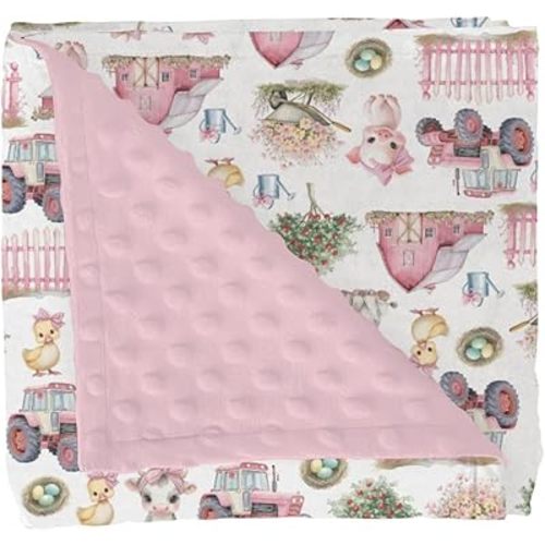 Pink Farm Animals Baby Blankets for Girls Barn Pig Duck Cow Horse Bows Tractors Soft Double Layer Swaddle Blankets Dotted Fleece Backing Farmyard Receiving Bed Throw Blanket for Newborn 30x40