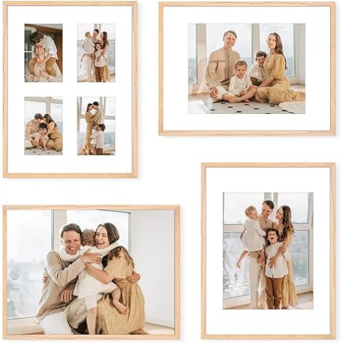 ATOBART 12x16 Picture Frame,OAK Wood Photo Frame 8.5x11 with Mat or 4x6 with 4 Mat with Perspex Glass for Vertical or Horizontal Wall Display for Photo, Christmas Gift,Set of 4