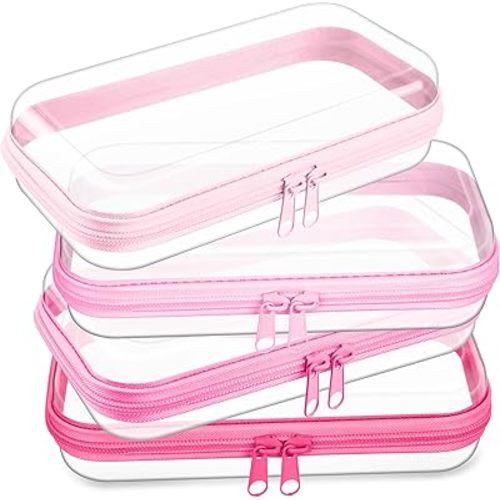 Hoolerry 4 Pcs Hard Clear Zipper Case, Clear, 7.5 x 3.9 x 2 in, Pink