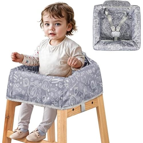 High Chair Cover for Baby Restaurant: Sprouterie Baby High Chair Covers for Restaurant Highchair with Safety Harness Stain and Slip Resistant Waterproof Portable for Outdoor Indoor Eating (Grey)